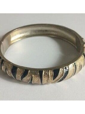 Tiger Print Black Enamel and Gold Tone Oval Hinged Bracelet